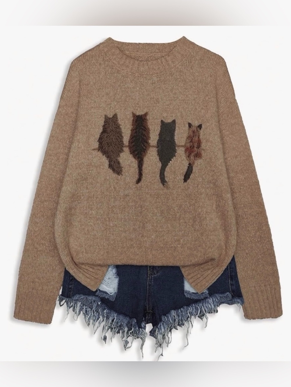 4 Kittens Knit Sweater Kitty Cat Lover Brown 2XL - Picture 5 of 10